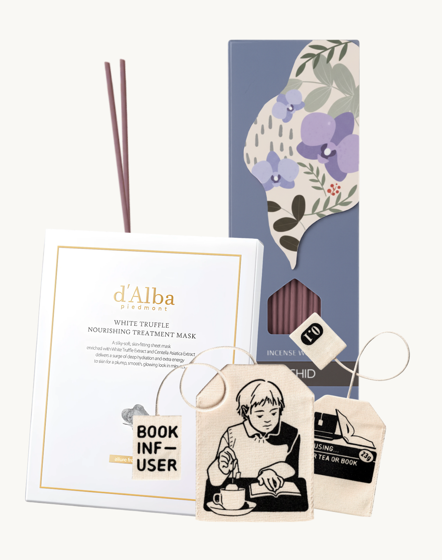 Korean Skincare and Korean Stationary d'Alba Piedmont Italian White Truffle Sheet Mask Incense World Traditional Botanical Incense Stick 0.1 Book Infuser Fabric Teabag Bookmark for Mindful Skincare and Beauty Ritual Bundle Kit Set Collection Product Photo