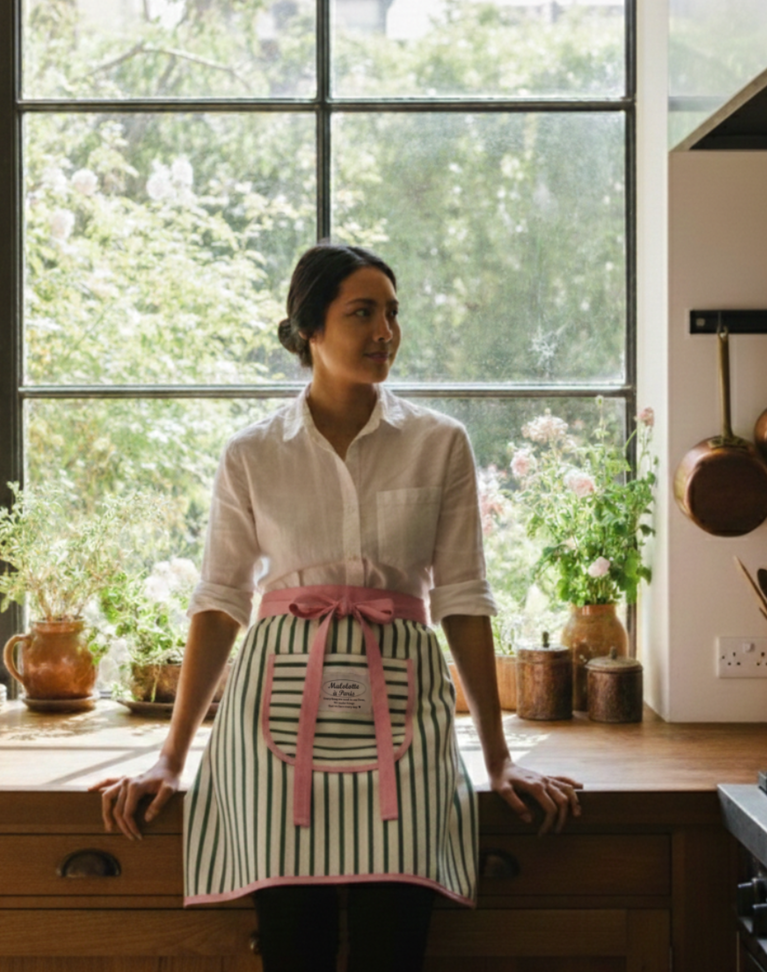 Korean Home and Decor Malolotte 100% Cotton Handmade Terry Stripe Half Waist Apron Green Product Photo