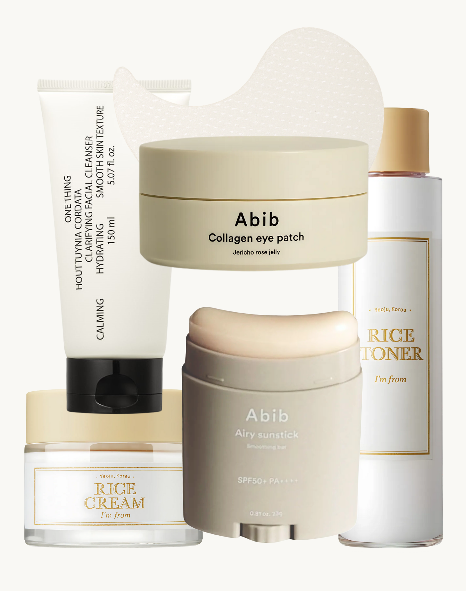 Korean Skincare One Thing Hottuynia Cordota Clarifying Heartleaf Facial Cleanser Abib AirrSunstick Abib Jericho Rose Jelly Collagen Eye patch I'm From Rice Toner I'm From Rice Cream for Morning Skincare Beauty Ritual Routine Bundle Kit Set Collection Product Photo